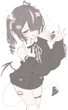 1girl absurdres ahoge black_cardigan black_hair blush cardigan commentary cowboy_shot demon_tail demon_wings hair_ornament hair_over_one_eye hands_up heart heart_ahoge heart_hair_ornament heart_hands heart_in_heart_hands highres long_sleeves looking_at_viewer medium_hair multicolored_hair one_eye_covered open_mouth original parted_bangs pink_streaks shirt simple_background sketch sleeveless sleeveless_shirt smile solo streaked_hair sweat symbol-only_commentary tail thigh_strap twintails white_background white_shirt wings x_hair_ornament yu_o015