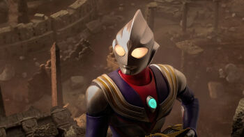 1boy aircraft airplane alien armor breastplate color_timer colored_skin commentary compound_eyes crystal dorsal_fin fighter_jet figure_(medium) forehead_jewel giant giant_male glowing glowing_eyes gradient_eyes guts_wing highres holding looking_up love894anon male_focus military_vehicle multicolored_eyes multicolored_skin no_pupils outdoors pectorals photo_(medium) purple_skin red_skin rubble ruins sh_figuarts silver_skin solo tokusatsu toned toned_male tower ultra_series ultraman_tiga ultraman_tiga:_the_final_odyssey ultraman_tiga_(multi_type) ultraman_tiga_(series) upper_body white_eyes wrinkled_skin yellow_eyes