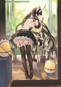 >_< 1girl apron atdan azur_lane back backless_dress backless_outfit black_dress black_hair black_thighhighs blunt_bangs blush_stickers bow bracelet breasts chair closed_eyes day detached_collar detached_sleeves dress frilled_dress frills garter_straps heart highres holding holding_mop horns indoors jewelry long_hair maid_headdress manjuu_(azur_lane) medium_breasts menu mop no_shoes noshiro_(azur_lane) official_alternate_costume puffy_short_sleeves puffy_sleeves restaurant short_sleeves sideboob skin-covered_horns soles solo_focus table thighhighs very_long_hair waist_apron white_apron white_bow