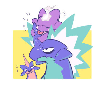 black_eyes border closed_mouth commentary_request evolutionary_line fang flying_sweatdrops gen_8_pokemon gogeyama highres looking_up nintendo on_head open_mouth pokemon pokemon_(creature) pokemon_on_head saliva skin_fang sweat toxel toxtricity toxtricity_(amped) toxtricity_(low_key) white_border yellow_background