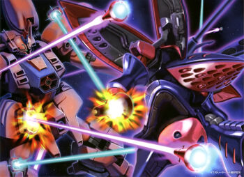artist_request beam_cannon cable damaged debris destruction energy_beam energy_field explosion firing funnels_(gundam) geymalk glowing gundam gundam_perfect_file gundam_zz highres magazine_scan mecha mecha_focus mobile_suit neo_zeon no_humans official_art one-eyed painting_(medium) qubeley_mk_ii robot scan scene_reference science_fiction thrusters traditional_media