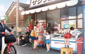 2girls 5boys apron bicycle black_jacket black_pants blue_shorts blue_skirt breasts brown_hair buzz_cut candy_store cat child cleavage day flip-flops food freezer gashapon helmet highres implied_pantyshot jacket leaning_forward mature_female motor_vehicle motorcycle multiple_boys multiple_girls old old_man original outdoors pants popsicle red_shorts sakura_no_tomoru_hi_e sandals scenery school_uniform shadow shirt shop short_hair short_twintails shorts sitting skirt sliding_doors smile standing sunlight trash_can twintails very_short_hair white_shirt