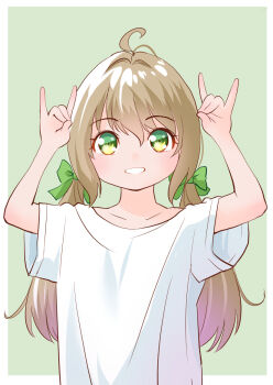 Rule 34 | 1girl, ahoge, border, bow, brown hair, commentary, fox shadow puppet, green background, green eyes, green ribbon, grin, hair bow, hair ribbon, hands up, looking at viewer, low twintails, original, outside border, ribbon, shirt, short sleeves, smile, solo, t-shirt, twintails, white shirt, yamanaka kouji (yanchiki2001)