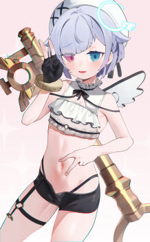 1girl absurdres amemiya_nazuna amemiya_nazuna_(1st_costume) angel angel_wings black_gloves black_pantyhose black_ribbon black_shorts blue_eyes broken_halo cleavage_cutout clothing_cutout detached_wings earrings fingerless_gloves flat_chest frilled_shirt frills gloves gold_earrings halo hat heterochromia highres jewelry kani_fish key looking_at_viewer navel open_fly open_mouth panties panty_straps pantyhose pink_eyes ribbon shirt short_hair short_shorts shorts single_wing solo spread_navel thigh_strap unbuttoned underwear v virtual_youtuber vshojo weapon weapon_on_back white_hair white_hat wings