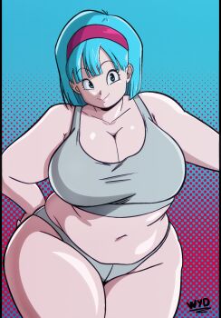 1girl absurdres blue_hair breasts bulma cleavage collarbone dragon_ball dragonball_z grey_panties grey_tank_top hairband hand_on_own_hip highres huge_breasts large_breasts looking_at_viewer medium_hair navel panties plump red_hairband rokasta smile tank_top thick_thighs thighs underwear whatyoudeserved