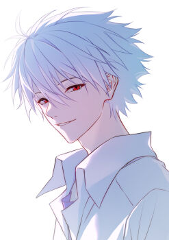 Rule 34 | 1boy, absurdres, collared shirt, commentary, crew neck, english commentary, hair between eyes, highres, looking at viewer, looking to the side, male focus, miluvian, nagisa kaworu, neon genesis evangelion, open collar, parted lips, purple shirt, red eyes, shirt, short hair, simple background, smile, solo, upper body, white background, white hair, white shirt, wing collar