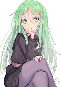 1girl absurdres black_sailor_collar black_serafuku blush commentary_request crescent crescent_hair_ornament crescent_pin crossed_legs green_eyes green_hair hair_ornament highres hizaka kantai_collection long_hair long_sleeves looking_at_viewer nagatsuki_(kancolle) neckerchief necktie sailor_collar school_uniform serafuku signature sitting solo twitter_username white_background white_neckerchief white_necktie