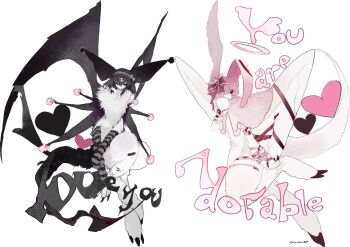 Rule 34 | angel wings, animal ears, animal focus, arm warmers, bat ears, bat wings, black arm warmers, black eyes, black hair, black tail, bow, claws, creature, demon tail, english text, full body, grey arm warmers, grey hairband, hair bow, hair over one eye, hairband, halo, heart, highres, kamikiririp, kuromi, monsterification, my melody, my melody (series), neck fur, no humans, pink bow, pink hair, sanrio, tail, two-tone arm warmers, white background, white fur, wings