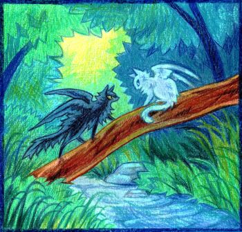 animal animal_focus black_cat black_vs_white blue_border blue_eyes border cat commentary crayon_(medium) english_commentary fallen_tree grass green_eyes highres kitty_(fernwhisker) log nature no_humans original outdoors river rock sitting traditional_media tree walking water white_cat wings