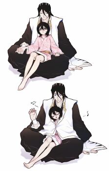 1boy 1girl :d absurdres antatica11 arm_at_side barefoot beamed_sixteenth_notes black_hair black_hakama black_kimono bleach blue_eyes chinese_commentary closed_eyes closed_mouth commentary_request couple double-parted_bangs eyelashes facing_viewer floral_print floral_print_kimono full_body hair_between_eyes hakama hand_up haori happy hetero highres holding_hands indian_style japanese_clothes kimono kuchiki_byakuya kuchiki_hisana long_hair long_sleeves looking_at_another looking_down looking_up medium_hair multiple_views musical_note open_mouth parted_lips pink_kimono print_kimono purple_eyes quarter_note simple_background sitting sitting_on_lap sitting_on_person size_difference smile split_mouth straight_hair surprised taichou_haori upturned_eyes white_background wide_sleeves