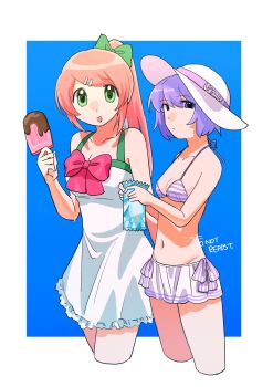 2girls alternate_costume alternate_hairstyle bikini bikini_skirt blue_background border bow breasts cleavage closed_mouth copyright_name cropped_legs dress dress_bow expressionless food green_bow green_eyes hair_bow hashtag-only_commentary hat highres holding holding_food holding_popsicle looking_at_viewer momone_momo multiple_girls niwani_(niw_a2) open_mouth outside_border pink_bow pink_hair ponytail popsicle purple_bikini purple_eyes purple_hair short_dress short_hair simple_background small_breasts smile spaghetti_strap standing striped_bikini striped_clothes sun_hat sundress swimsuit utane_uta utau white_border white_dress