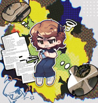 &gt;_o 1boy 1girl 3: 8chan ;d a1binos1ug ahoge animification bare_arms black_shirt blue_pants bob_cut brenton_tarrant brown_hair chibi chibi_only chromatic_aberration closed_mouth commentary_request denim facial_hair film_grain frown full_body genderswap genderswap_(mtf) grey_background gun hair_behind_ear halftone halftone_background hands_up holding holding_phone invisible_chair jeans looking_at_phone looking_at_viewer male_focus one_eye_closed open_mouth outline pants payton_gendron phone real_life shirt shoelaces shoes short_hair short_sleeves simple_background sitting smile solo_focus speech_bubble squiggle star_(symbol) sweat t-shirt thick_eyebrows thought_bubble v-shaped_eyebrows weapon white_outline white_shoes