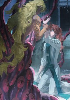 2boys blonde_hair body_markings commentary_request dark-skinned_male dark_skin fate/grand_order fate_(series) goetia_(fate) green_eyes highres holding_another's_wrist indoors jacket long_hair male_focus multiple_boys open_mouth orange_hair pants ponytail qwer00138 robe romani_archaman sweatdrop very_long_hair