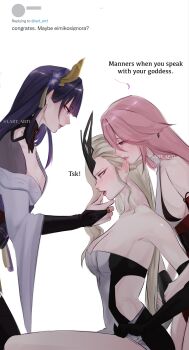 3girls absurdres bare_shoulders blonde_hair breasts bridal_gauntlets cleavage closed_mouth dress english_text eyebrows_hidden_by_hair eyes_visible_through_hair fan_request femdom genshin_impact grey_kimono hair_between_eyes hair_ornament half-closed_eyes head_down highres japanese_clothes kimono large_breasts lart_art1 lips long_hair looking_at_another looking_down medium_breasts mole mole_under_eye multiple_girls neck non-web_source open_mouth pink_hair purple_eyes purple_hair raiden_shogun request_inset restrained sideboob signora_(genshin_impact) simple_background source_request straight_hair strapless strapless_dress talking third-party_edit third-party_extraction very_long_hair white_background yae_miko yuri