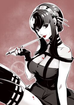 1girl bare_shoulders black_boots black_choker black_dress black_gloves black_hair blood blood_on_breasts blood_on_leg blood_on_shoulder boots breasts choker cleavage commentary dagger dress earrings eightyfourart feet_out_of_frame fingerless_gloves gloves hairband highres holding holding_weapon jewelry knife large_breasts lips long_hair looking_at_viewer parted_lips red_lips red_nails sidelocks sitting solo spy_x_family stiletto_(weapon) thigh_boots weapon yor_briar