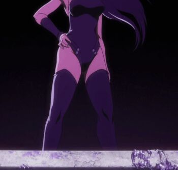 1girl animated animated_gif anime_screenshot bare_shoulders black_leotard black_thighhighs bleach bleach:_sennen_kessen-hen breasts dark-skinned_female dark_skin hand_on_own_hip high_ponytail highleg highleg_leotard large_breasts leotard long_hair looking_at_viewer ponytail purple_hair shihouin_yoruichi smile talking thick_thighs thighhighs thighs