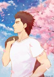 Rule 34 | bandage on face, bandages, biceps, brown eyes, brown hair, cherry blossoms, cloud, day, expressionless, falling petals, hazuki ryou, highres, holding, holding clothes, holding jacket, jacket, jacket over shoulder, looking to the side, monami 1999, muscular, muscular male, outdoors, petals, shenmue, shenmue the animation, shirt, signature, spiked hair, t-shirt, thick eyebrows, tree, unworn jacket, white shirt