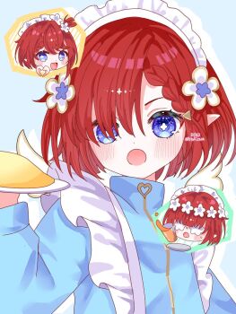 3girls :o alternate_costume artist_name blue_dress blue_eyes blush commentary_request cross-shaped_pupils dress enmaided flower frilled_hairband frills hair_over_one_eye hairband highres hitsuki_(ruon) honkai:_star_rail honkai_(series) long_sleeves looking_at_viewer maid maid_headdress multiple_girls open_mouth pointy_ears solo_focus spilling symbol-shaped_pupils trianne_(honkai:_star_rail) tribbie_(honkai:_star_rail) trinnon_(honkai:_star_rail) twitter_username white_flower white_hairband