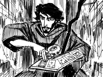 1boy absurdres beard cane duel_disk facial_hair greyscale highres monochrome moses_(bible) robe sketch solo starr_horton the_bible the_prince_of_egypt yu-gi-oh!