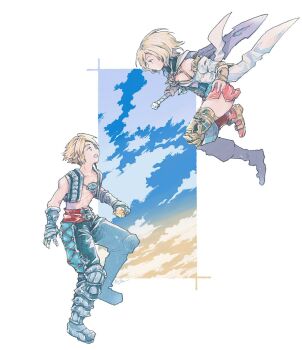 1boy 1girl armored_boots armored_gloves ashelia_b&#039;nargin_dalmasca bare_shoulders blonde_hair boots border breasts cape cleavage cropped_vest detached_sleeves final_fantasy final_fantasy_xii full_body highres holding holding_sword holding_weapon jewelry looking_at_another medium_breasts medium_hair michibata_65 miniskirt necklace open_mouth parted_bangs pink_skirt short_hair side_slit skirt sunset sword vaan_(ff12) vest weapon white_border white_cape