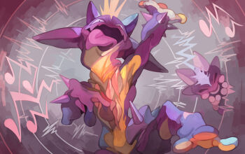 black_eyes bright_pupils crazy_smile evolutionary_line fang fangs gen_8_pokemon horns looking_at_viewer musical_note nintendo open_mouth pokemon pokemon_(creature) skin_fang smile sony-shock sound_effects sound_wave spikes standing sweat tongue tongue_out toxel toxtricity toxtricity_(amped)