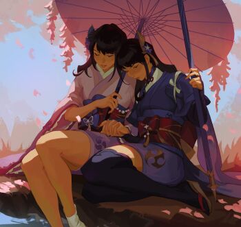 2girls absurdres aina_(mayexplode) black_hair black_socks blue_sky blurry blurry_background brown_footwear closed_eyes commentary day expressionless falling_petals fan_hair_ornament feet_out_of_frame flower frilled_sleeves frills full_body genshin_impact hair_flower hair_ornament hand_on_lap hand_up head_on_another&#039;s_shoulder highres holding holding_hands holding_polearm holding_umbrella holding_weapon interlocked_fingers japanese_clothes kimono layered_clothes leaning_on_person light_smile makoto_(genshin_impact) multiple_girls obi official_alternate_costume oil-paper_umbrella on_ground outdoors parted_bangs parted_lips petals pink_kimono pink_umbrella polearm raiden_shogun sash shade siblings side-by-side sidelighting sitting sky socks sunlight symbol-only_commentary tasuki thighhighs twins umbrella weapon white_socks wide_sleeves yokozuwari