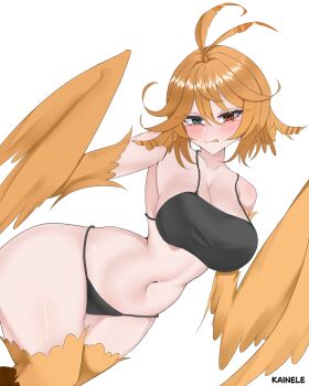 1girl absurdres ahoge bikini bird_legs black_bikini black_panties blonde_hair breasts cowboy_shot dokibird feather_hair feathers green_eyes harpy heterochromia highres indie_virtual_youtuber kainele large_breasts licking_lips looking_at_viewer monster_girl monsterification navel panties red_eyes short_hair simple_background smile solo swimsuit tongue tongue_out underwear virtual_youtuber white_background wide_hips wings yellow_feathers yellow_wings