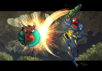 1girl alpha_metroid arm_cannon armor assault_visor blue_armor clenched_hand commentary_request fangs fusion_suit metroid metroid:_samus_returns metroid_(creature) nintendo power_armor power_suit_(metroid) samus_aran two-tone_armor wakaba_(wata_ridley) weapon