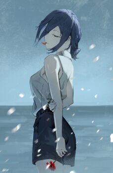 1girl absurdres arms_behind_back black_shorts blue_hair breasts chainsaw_man closed_eyes closed_mouth collared_shirt commentary fankun_de_nuojiya flower grey_shirt highres holding holding_flower medium_breasts medium_hair outdoors overcast red_flower reze_(chainsaw_man) shirt shirt_tucked_in shorts sky sleeveless sleeveless_shirt snowing solo symbol-only_commentary