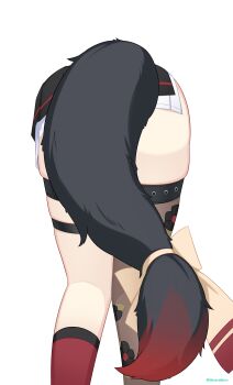 1girl absurdres ass ass_focus black_thighhighs blue_archive bow fox_tail from_behind highres kneehighs lower_body pink_socks single_kneehigh single_sock single_thighhigh siranui_desu skirt socks solo stuck tail tail_bow tail_ornament thigh_strap thighhighs through_wall wakamo_(blue_archive) white_skirt yellow_bow