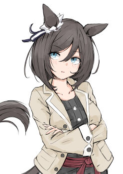 1girl absurdres animal_ears arms_under_breasts black_dress black_hair blue_eyes blue_ribbon bob_cut bow casual commentary_request crossed_arms dress ear_ornament ear_ribbon ear_scrunchie eishin_flash_(casual)_(umamusume) eishin_flash_(umamusume) facing_viewer grey_jacket hair_between_eyes highres horse_ears horse_girl horse_tail jacket lapels medium_hair open_clothes open_jacket parted_lips ribbon shijimi_(sijimi1917) sideways_glance simple_background solo standing straight-on striped_ribbon swept_bangs tail umamusume unbuttoned_jacket upper_body white_background wide_sleeves