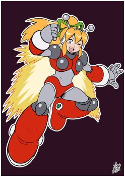 antennae armor armored_boots armored_gloves arms_up bikini_armor blonde_hair blue_eyes boots breasts fire floating flying green_ribbon hair_ribbon hairband hands_up happy headphones hyper_roll_(marvel_vs._capcom) ian_dimas jetpack joints knee_boots large_breasts long_hair looking_at_viewer marvel_vs._capcom mechanical_arms mechanical_boots mechanical_legs mega_man_(classic) mega_man_(series) one_eye_closed ponytail propeller purple_background radio_antenna red_armor ribbon robot robot_girl robot_joints roll_(mega_man) shoulder_armor sidelocks simple_background smile