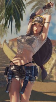 1girl 3d armpits arms_up artist_name baseball_cap beach belt bikini bikini_under_clothes black_bikini blue_sky blurry blurry_background breasts building cloud cloudy_sky costa_del_sol cowboy_shot denim denim_skirt elbow_pads final_fantasy final_fantasy_vii final_fantasy_vii:_ever_crisis fingerless_gloves frayed_skirt gloves grey_skirt hat highleg highleg_bikini highres large_breasts lips long_hair low-tied_long_hair midriff miniskirt navel official_alternate_costume one_eye_closed outdoors palm_tree parted_lips red_eyes ria-neearts sand see-through_clothes see-through_shirt shirt short_sleeves side-tie_bikini_bottom single_elbow_pad single_sidelock skirt sky solo square_enix stretching swimsuit tied_shirt tifa_lockhart tifa_lockhart_(lifeguard) tree very_long_hair wet wet_clothes wet_shirt white_shirt