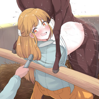 1boy 1girl animal_penis bar_censor bestiality blush breasts breasts_out brown_eyes brown_hair censored clothed_sex crying crying_with_eyes_open horse horse_penis huge_breasts interspecies large_penis long_hair nipples open_mouth original paizuri paizuri_under_clothes penis pt sex tears testicles