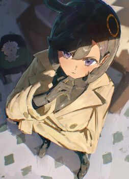 1girl absurdres black_bodysuit black_hair bodysuit bodysuit_under_clothes breasts brown_jacket dark-skinned_female dark_skin emma_(pokemon) espurr finger_to_own_chin from_above gen_6_pokemon highres indoors jacket kouchanthree large_breasts looking_at_viewer nintendo pokemon pokemon_legends:_z-a purple_eyes short_hair solo thinking