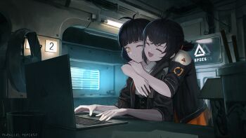 2girls :d :t ^_^ antenna_hair arm_on_another's_shoulder arms_around_neck bags_under_eyes black_corset black_hair black_jacket blunt_bangs breasts cable cheek-to-cheek closed_eyes collared_shirt commentary commission computer corset desk double-parted_bangs drawstring english_commentary eyebrows_hidden_by_hair fang fluorescent_lamp furrowed_brow game_cg hair_tie half-closed_eyes hand_on_own_arm hands_up happy head_tilt heads_together highres hood hooded_jacket hug hug_from_behind hunched_over indoors jacket laptop leaning_forward leaning_on_person logo long_eyelashes looking_at_another looking_to_the_side medium_hair miniskirt multiple_girls one_eye_closed open_clothes open_hands open_jacket open_mouth orange_skirt original parted_lips patch ponytail raised_eyebrow science_fiction screen shirt short_hair short_ponytail shoulder_patch sidelocks sitting skirt sleeves_rolled_up small_breasts smile standing surprised teeth thick_eyelashes title typing underbust upper_body vertigris white_shirt window_shutter yellow_eyes