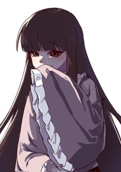 Rule 34 | 1girl, black hair, brown eyes, commentary request, covering own mouth, dress, frilled dress, frilled sleeves, frills, highres, hime cut, houraisan kaguya, japanese clothes, korean commentary, light blush, long hair, long sleeves, lovelobten, partially shaded face, pink dress, smile, touhou, very long hair, white background, wide sleeves