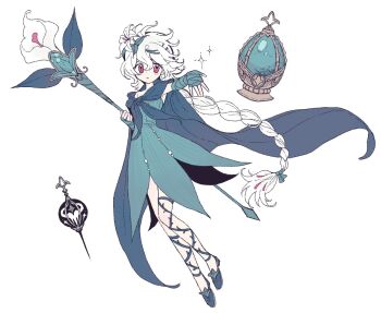 1girl :o adapted_costume asymmetrical_legwear bandaged_arm bandages blue_cape blue_footwear braid cape cookie_run cookie_run:_kingdom dress flat_color flower full_body green_dress grief_seed hair_between_eyes hair_flower hair_ornament high_heels highres holding holding_staff leg_ribbon lily_(flower) long_hair looking_at_viewer magical_girl mahou_shoujo_madoka_magica mahou_shoujo_madoka_magica_(anime) outstretched_arm pink_eyes pumps ribbon simple_background single_braid solo soul_gem sparkle staff strapless strapless_dress thorns tuko white_background white_hair white_lily white_lily_cookie
