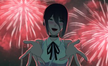 1girl absurdres aerial_fireworks black_choker black_hair black_ribbon blush chainsaw_man choker collared_shirt fireworks green_eyes highres looking_at_viewer neck_ribbon night open_mouth osamuyurayura outdoors reze_(chainsaw_man) ribbon shirt sleeveless sleeveless_shirt solo white_shirt