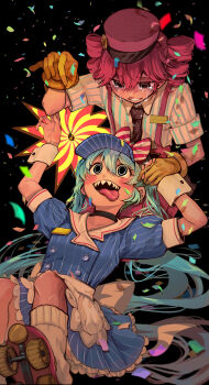 2girls absurdres apron black_background black_chemise black_eyes black_necktie blue_dress blue_hair blue_hat blush bow buttons chemise collarbone collared_dress collared_shirt confetti crying crying_with_eyes_open double-breasted dress drill_hair gloves grin hair_between_eyes hand_up hat hat_bow hatsune_miku head_down head_on_another's_leg head_rest highres holding holding_pendulum hypnosis kasane_teto kepi kneehighs leg_up long_hair looking_at_another looking_at_object looking_down looking_up lying mesmerizer_(vocaloid) military_hat mind_control multiple_girls necktie on_back on_floor open_mouth pants pendulum pinstripe_hat red_bow red_hair red_pants sailor_collar sharp_teeth shirt short_sleeves skates skirt sleeves_rolled_up smile smiley_hat_ornament socks spiral suama_(suama-333) suspender_skirt suspenders tears teeth tongue tongue_out twin_drills twintails two-tone_bow upper_teeth_only utau very_long_hair visor_cap vocaloid waist_apron white_apron white_bow white_sailor_collar white_socks white_wrist_cuffs wing_collar wrist_cuffs yellow_gloves