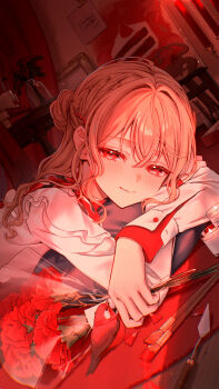1girl absurdres bird blush bouquet candle closed_mouth commentary_request crossed_bangs eyelashes feather_hair_ornament feathers flower hair_between_eyes hair_bun hair_ornament highres holding holding_bouquet indoors long_bangs long_hair long_sleeves lying on_stomach original paintbrush pink_hair red_bird red_eyes red_flower red_theme satori_suzuha shirt smile solo upper_body wavy_hair white_shirt