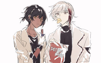 Rule 34 | 2boys, arknights, bag of chips, bishounen, black hair, black shirt, chips (food), commentary request, dark-skinned male, dark skin, ear piercing, earrings, eating, elysium (arknights), food, food in mouth, gloves, highres, holding, holding food, jacket, jewelry, looking at viewer, male focus, marumarukin, multicolored hair, multiple boys, piercing, ponytail, potato chips, red hair, shirt, short hair, short ponytail, simple background, sketch, snack, streaked hair, thorns (arknights), turtleneck, upper body, white background, white gloves, white hair, yellow eyes