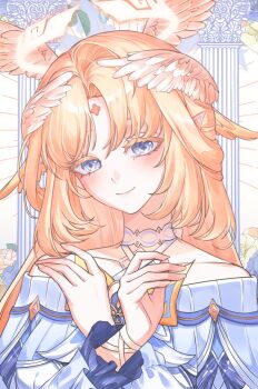 Rule 34 | 1girl, bare shoulders, blonde hair, blue eyes, blush, closed mouth, colored eyelashes, columbina (genshin impact), columbina (genshin impact) (cosplay), commentary, cosplay, cross-shaped pupils, dress, english commentary, facial mark, feathered wings, forehead mark, frilled sleeves, frills, genshin impact, halo, hands up, head wings, highres, long hair, long sleeves, looking at viewer, nicole reeyn, pointy ears, smile, solo, symbol-shaped pupils, upper body, white wings, wings, x arms, yuseol art