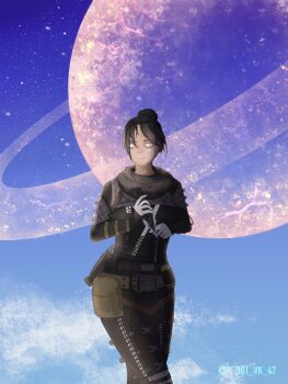 1girl apex_legends arrow_(r_301_vk_47) belt black_belt black_bodysuit black_hair black_scarf blue_eyes bodysuit face_piercing hair_bun highres holding holding_knife hope&#039;s_dusk_(apex_legends) knife looking_to_the_side no_pupils nose_piercing parted_bangs piercing pink_lips planet scarf single_hair_bun smile solo twitter_username walking wraith_(apex_legends)