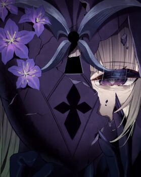 2girls absurdres black_hair broken_mask crying crying_with_eyes_open eye_reflection flower grey_hair hair_between_eyes hashtag-only_commentary herta_(honkai:_star_rail) heta highres honkai:_star_rail honkai_(series) jewelry looking_at_viewer mask multiple_girls portrait purple_eyes reflection ruan_mei_(honkai:_star_rail) tears