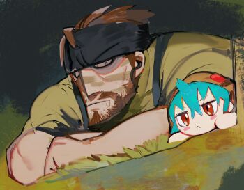 1boy 1girl aqua_hair bandana beard big_boss blush_stickers brown_hair camouflage crossover drooling facial_hair fumo_(doll) hair_between_eyes headband hood hood_up hoodie kemono_friends lying metal_gear_(series) metal_gear_solid_3:_snake_eater naked_snake on_stomach push-to-talk_device raichiyo short_hair snake_hood snake_print striped_clothes striped_hoodie tropical_camouflage tsuchinoko_(kemono_friends)