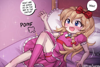 1girl :d artist_name bed bedroom blonde_hair bloomers blue_eyes blush bow bow_hairband braid brooch castlevania:_rondo_of_blood castlevania_(series) collared_dress commentary dress english_commentary english_text flat_chest frilled_dress frilled_pillow frills gem hair_between_eyes hair_bow hairband happy indoors jewelry knee_up kneehighs loli long_hair lumineko lying maria_renard meme motion_lines on_back on_bed open_mouth patreon_username pillow pink_dress pink_socks pomf pomf_(meme) puff_of_air puffy_short_sleeves puffy_sleeves red_bow red_hairband red_ribbon ribbon short_dress short_sleeves single_kneehigh single_sock smile socks solo sound_effects sparkle speech_bubble talking twin_braids underwear waist_bow watermark web_address white_bloomers