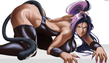 1girl all_fours artist_name ass bare_back bare_shoulders black_leotard black_thighhighs bleach bleach:_sennen_kessen-hen breasts closed_mouth dark-skinned_female dark_skin female_focus hair_ornament hanging_breasts large_breasts leotard long_hair looking_at_viewer maousr parted_bangs ponytail purple_hair shihouin_yoruichi simple_background tail thighhighs thighs toned toned_female variant_set white_background yellow_eyes