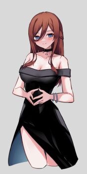 1girl absurdres black_dress blue_eyes blush bracelet breasts brown_hair choker cleavage collarbone dress go-toubun_no_hanayome grey_background hair_between_eyes highres jewelry large_breasts legs long_hair looking_at_viewer nakano_miku off-shoulder_dress off_shoulder profnote simple_background solo