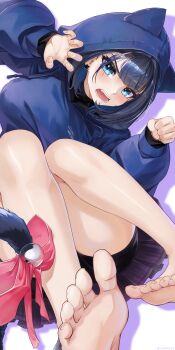 1girl absurdres animal_hood barefoot bike_shorts black_hair black_shirt black_shorts blue_eyes blue_hair blue_hoodie bow breasts cahryos cat_earrings cat_girl cat_hood cat_tail colored_inner_hair commentary drawstring earrings english_commentary feet hair_intakes highres hololive hololive_english hood hood_up hoodie jewelry large_breasts long_sleeves looking_at_viewer lying multicolored_hair open_mouth ouro_kronii pink_bow shirt short_hair short_shorts shorts simple_background soles solo tail tail_bow tail_ornament toes virtual_youtuber white_background